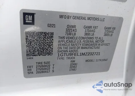 2021 GMC Sierra 1500 4Wd Short Box Denali z USA, uszkodzony, nr VIN 1GTU9FEL1MZ232721